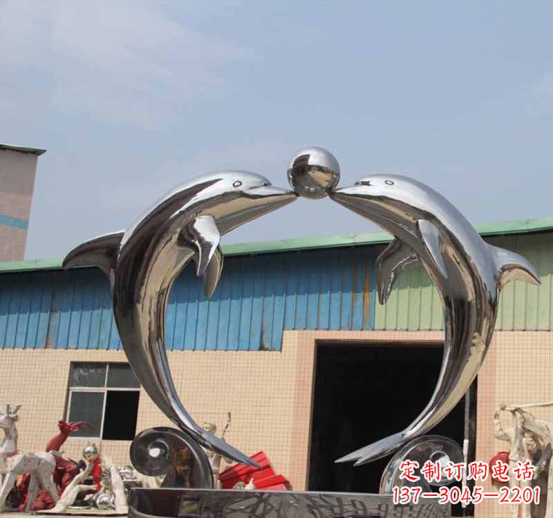 常州海豚之恋——不锈钢公园镜面海豚顶球雕塑