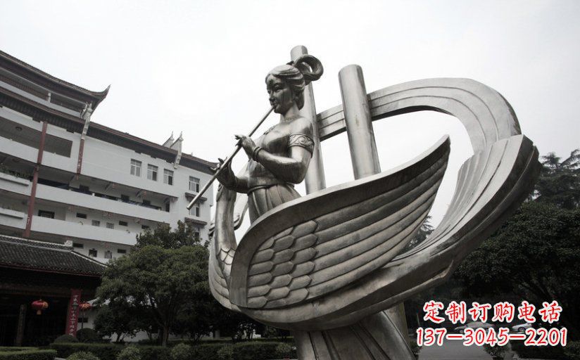 常州古典美女不锈钢吹笛子雕塑