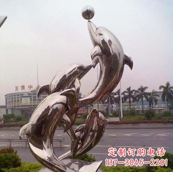 常州不锈钢海豚顶球造型雕塑