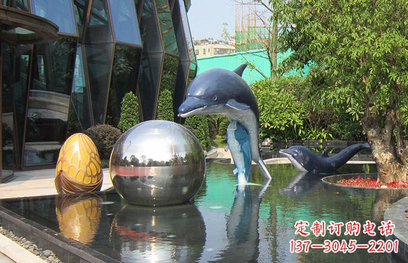 常州不锈钢海豚水景雕塑，企业公园园林创意景观雕塑