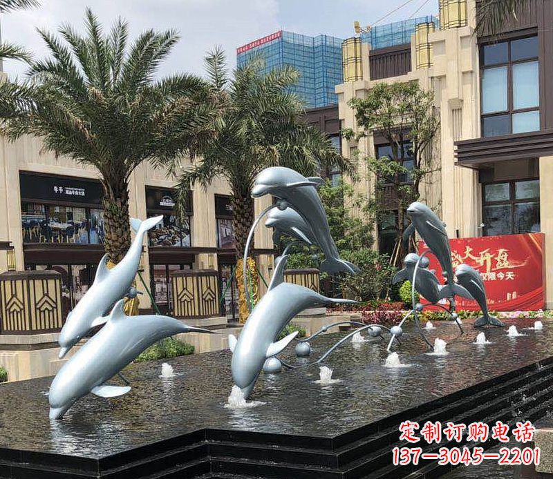 常州不锈钢海豚跳跃喷泉雕塑美丽的艺术装置