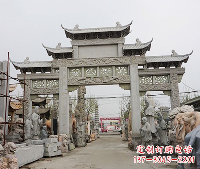 常州村庄大理石三门牌坊石雕 (3)
