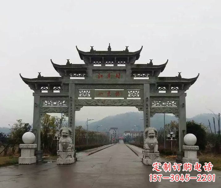 常州村庄三门五楼石牌坊石雕