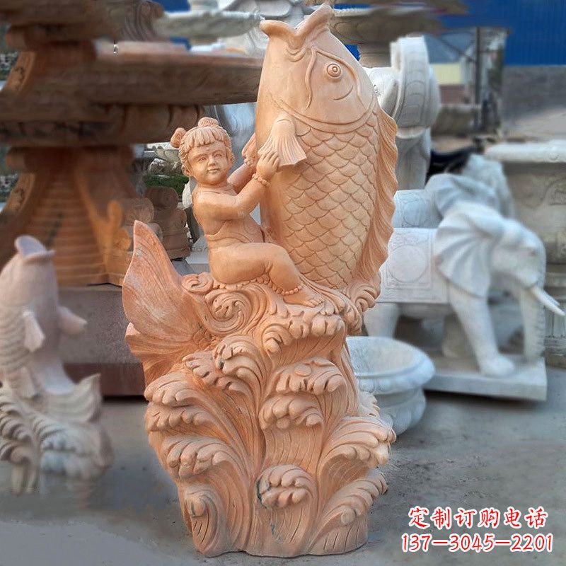 常州大型喷水鲤鱼景观雕塑-晚霞红石雕动物喷泉