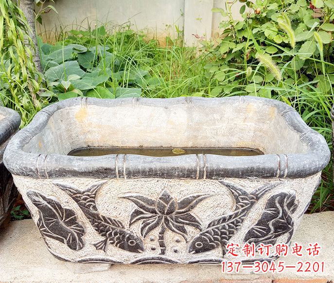 常州方形荷花鲤鱼石浮雕水缸