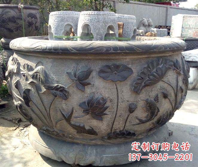 常州精美仿古荷花鲤鱼浮雕石水缸