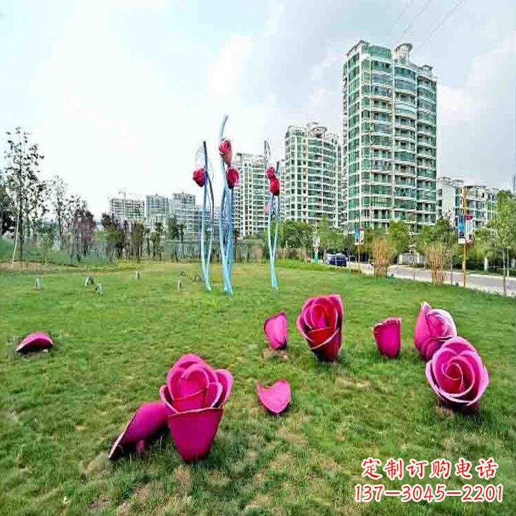常州公园草坪不锈钢玫瑰装饰花朵雕塑