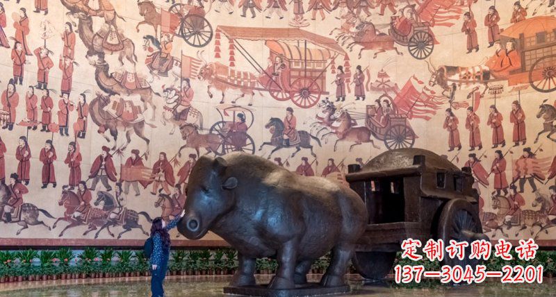 常州传统风格铜河马拉车景观雕塑