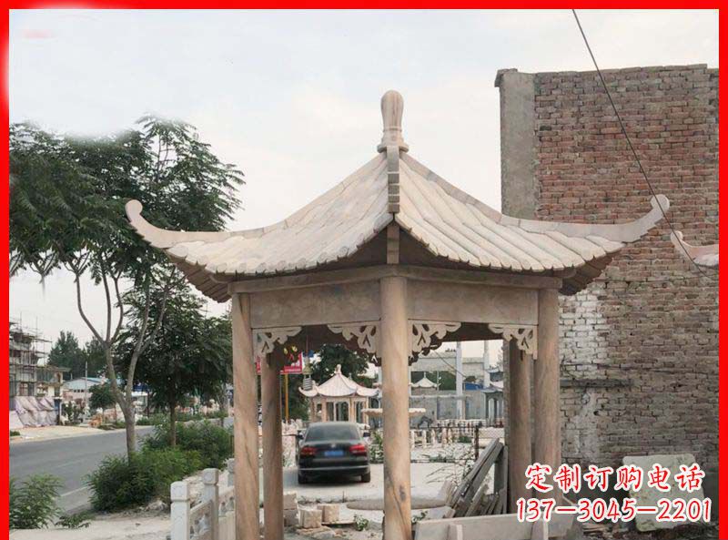 常州公园晚霞红六角石凉亭雕塑