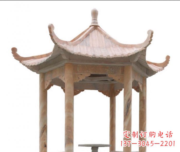 常州美丽而优雅的公园晚霞红六角石凉亭雕塑