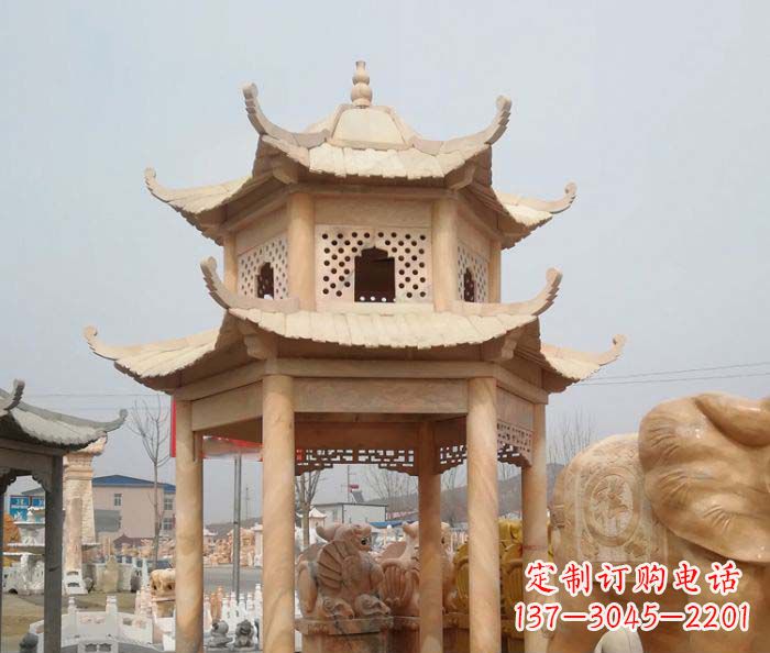 常州红双层六角石凉亭雕塑