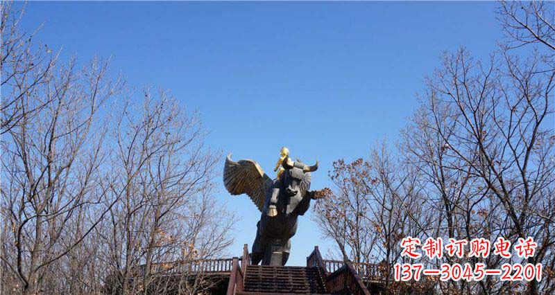 常州精美铜雕雕塑——可爱小男孩站在飞牛上