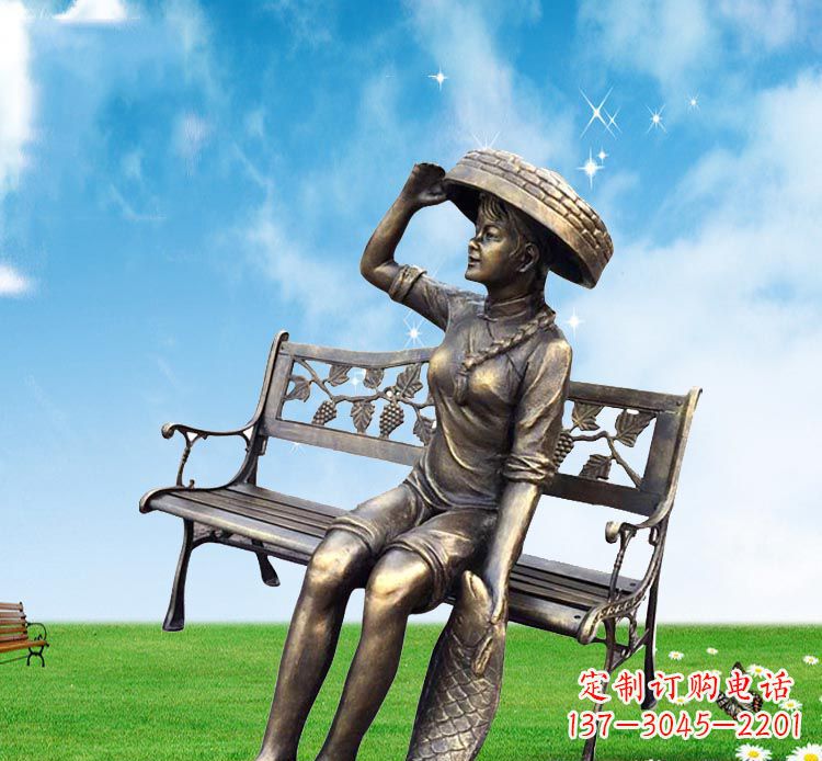 常州公园座椅拿鲤鱼的女孩铜雕