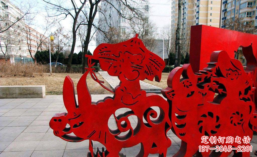 常州广场不锈钢剪纸牧童牛雕塑
