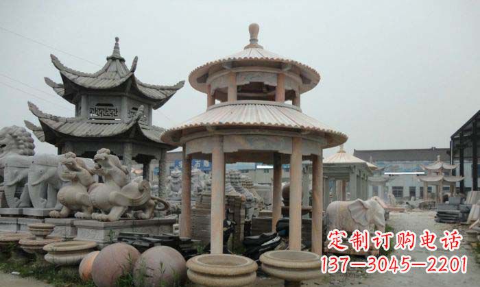常州海边景观晚霞红圆顶石雕凉亭