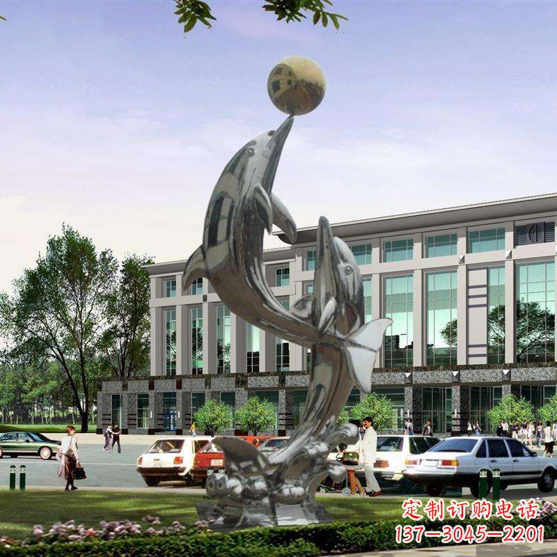 常州不锈钢海豚戏球雕塑,营造清新海岸风情