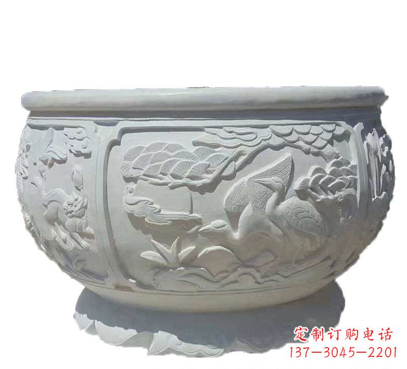 常州汉白玉松鹤延年浮雕水缸