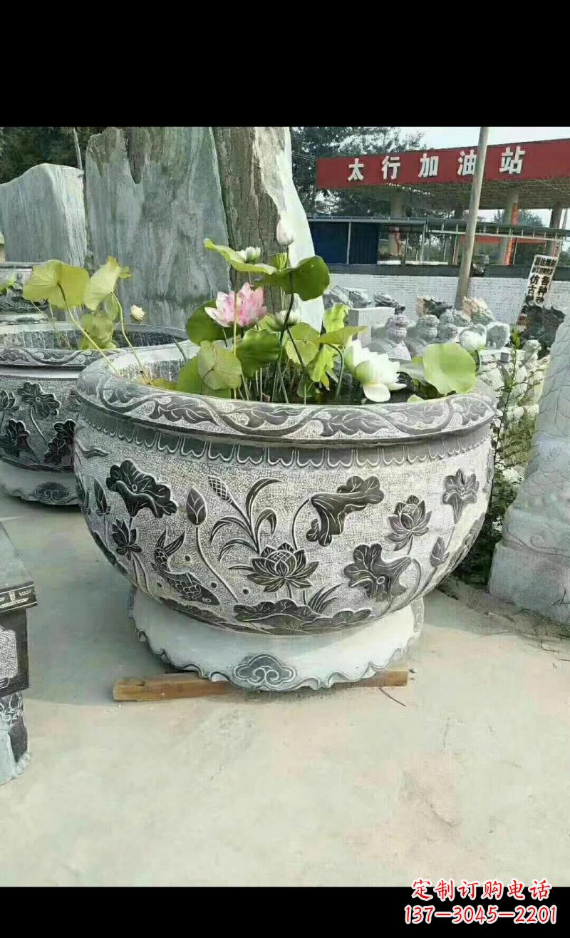 常州荷花鲤鱼石浮雕水缸 112