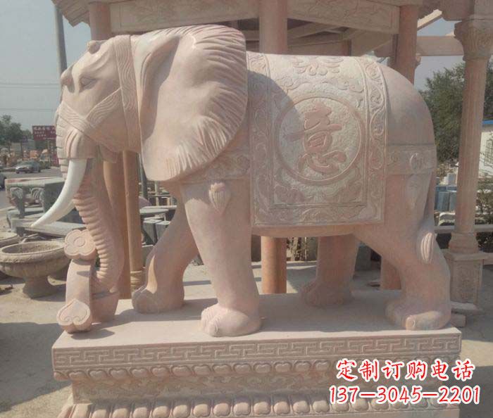 常州传神雕刻,精美雕塑——吉祥如意大象晚霞红门口石雕