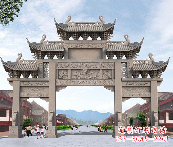 常州景区三门石雕牌楼——精美雕塑定制