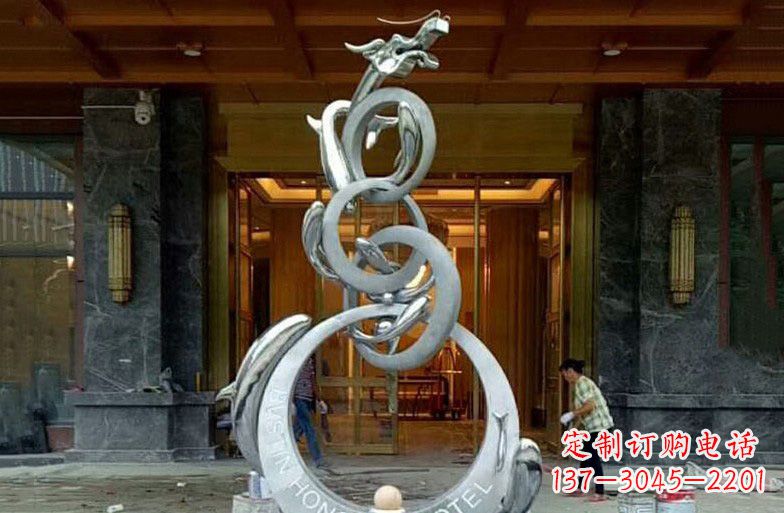 常州酒店不锈钢抽象鱼跃龙门雕塑