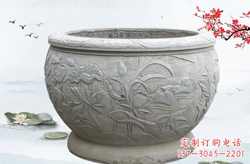 常州连年有余浮雕水缸石雕