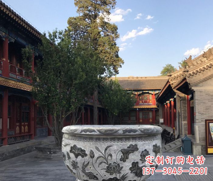 常州连年有鱼石浮雕圆形荷花水缸