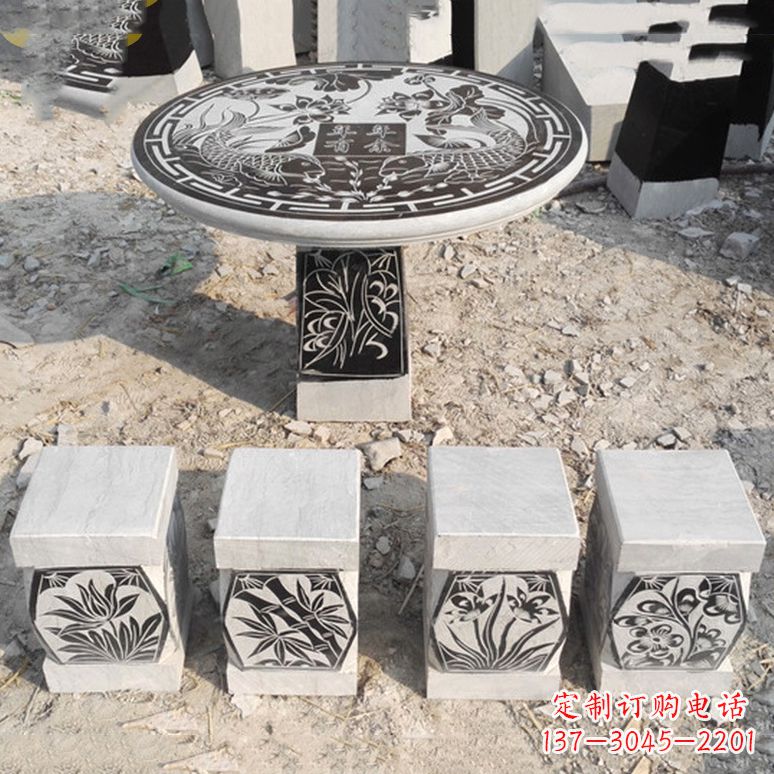 常州梅兰竹菊仿古方石桌凳雕塑,古朴典雅