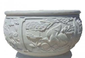 常州汉白玉松鹤延年浮雕水缸，带给您无尽的岁月美景