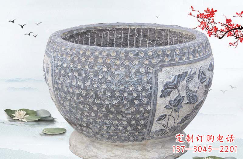 常州青石仿古鲤鱼浮雕水缸,精致雕塑设计