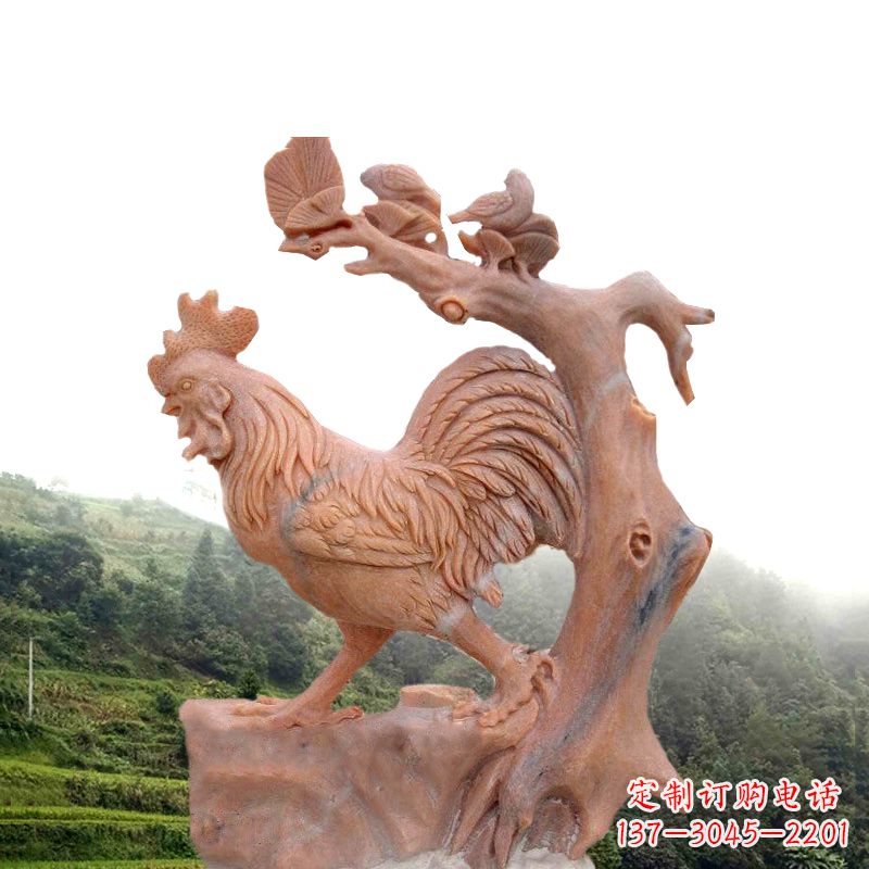 常州生肖动物酉鸡晚霞红石雕