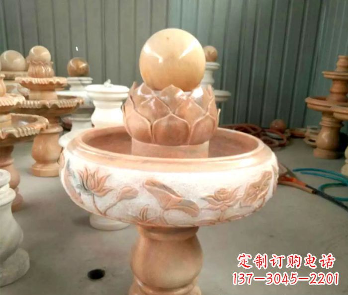 常州石来运转晚霞红风水球喷泉石雕