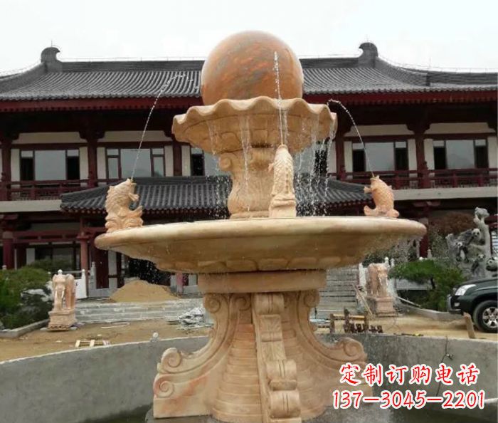常州双层风水球喷泉晚霞红石雕