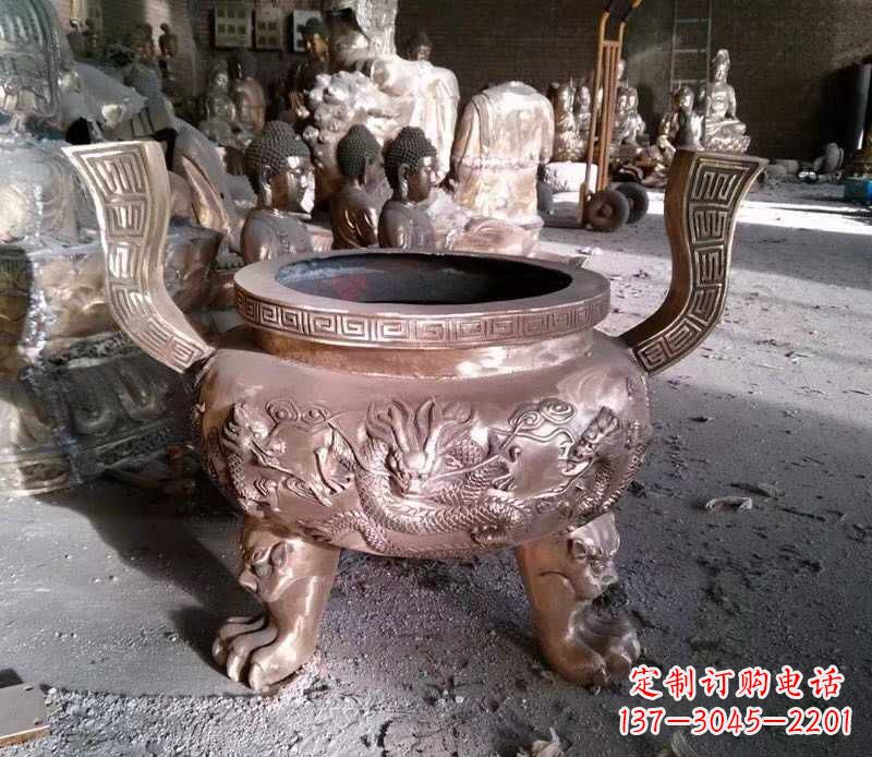 常州寺庙龙浮雕圆铜雕香炉