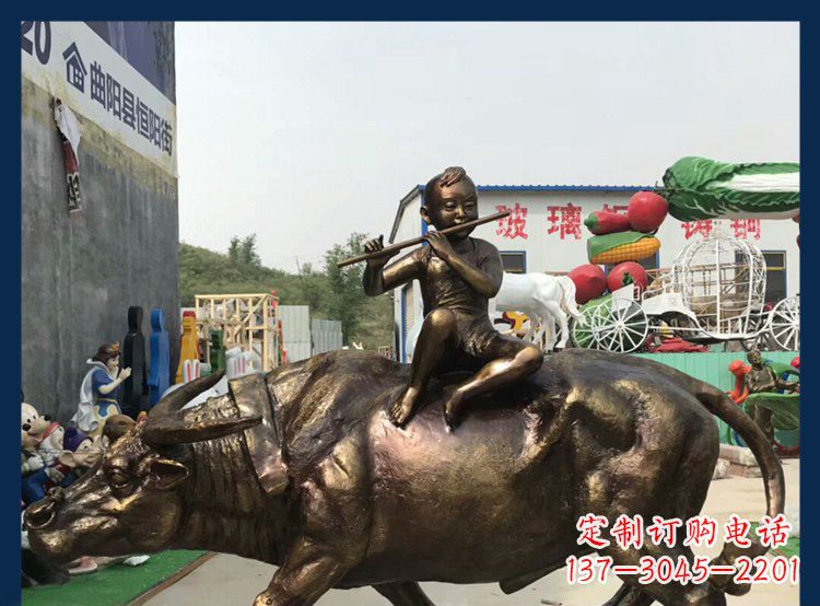 常州田园铜雕木头骑黄牛动物雕塑