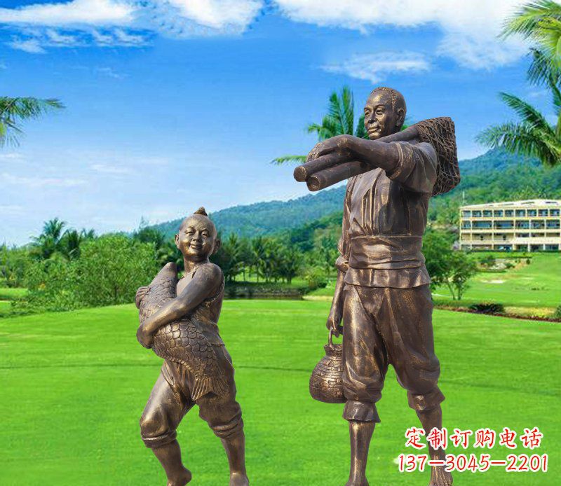 常州铜雕渔民父子人物雕塑