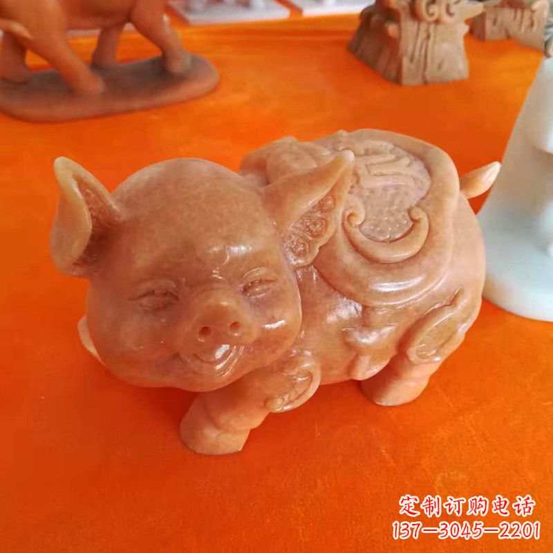 常州晚霞红大理石招财猪雕塑-企业商场创意生肖动物风水摆件