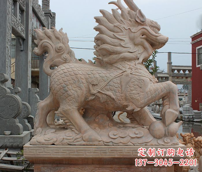 常州晚霞红古代神兽麒麟石雕