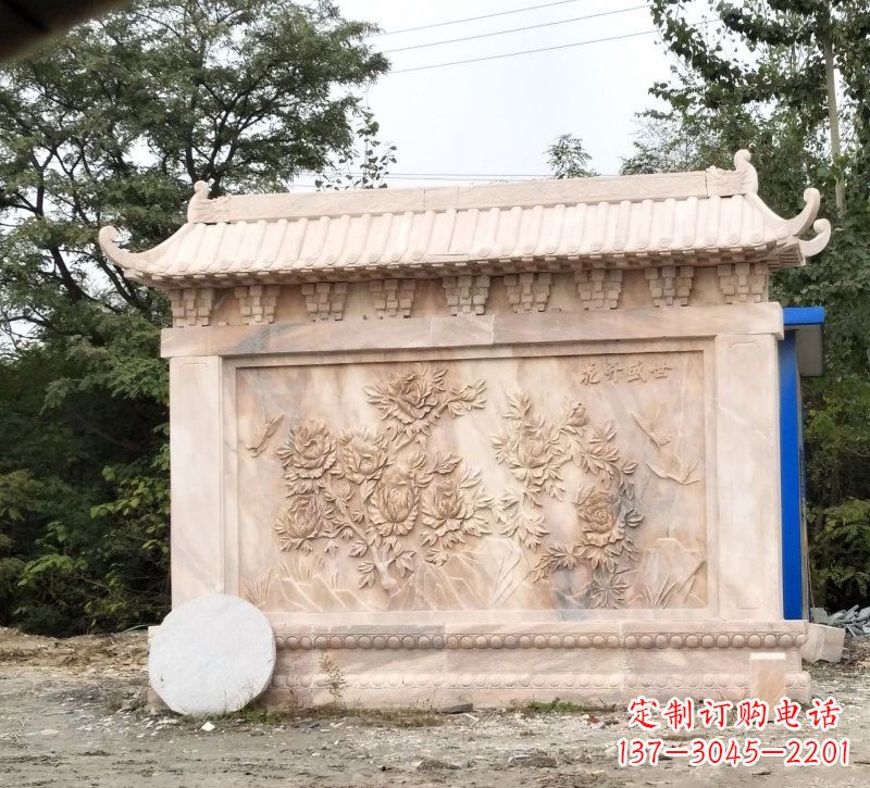 常州晚霞红花开盛世浮雕影壁