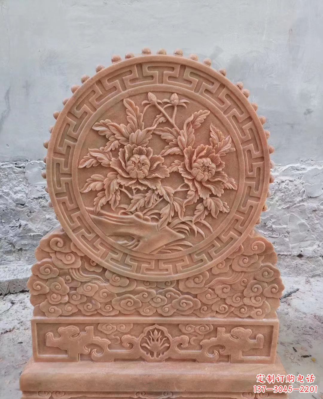 常州晚霞红牡丹花浮雕石门墩