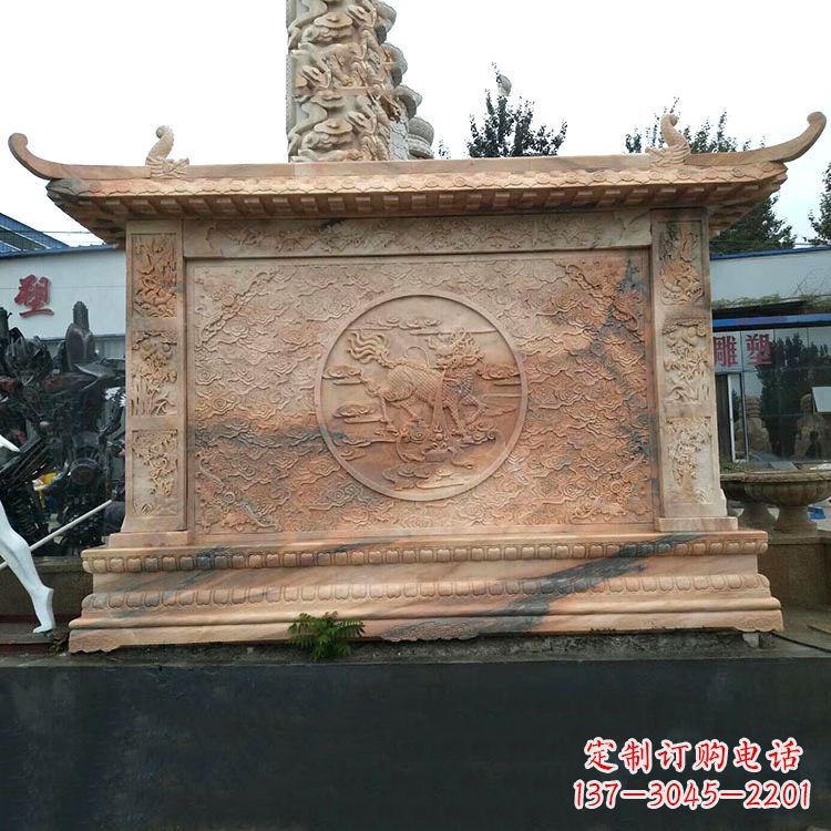 常州晚霞红麒麟影壁墙石雕
