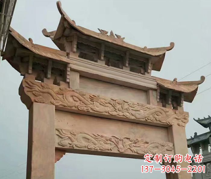 常州晚霞红石雕单门牌坊