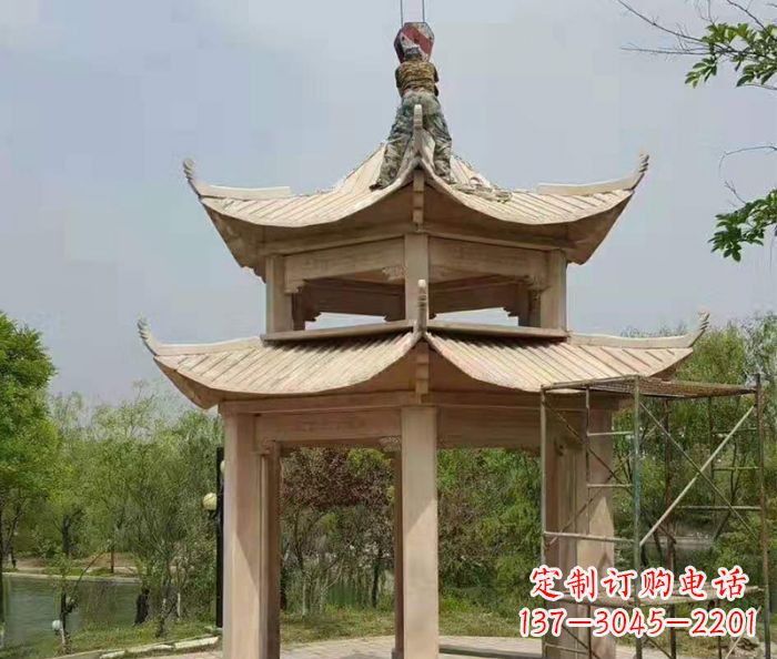 常州晚霞红双层凉亭石雕 (2)