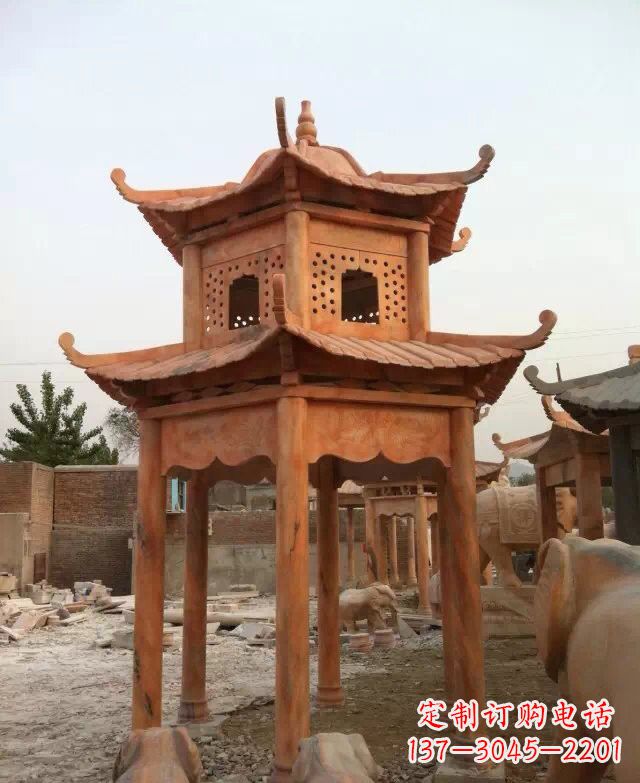 常州晚霞红双层凉亭石雕