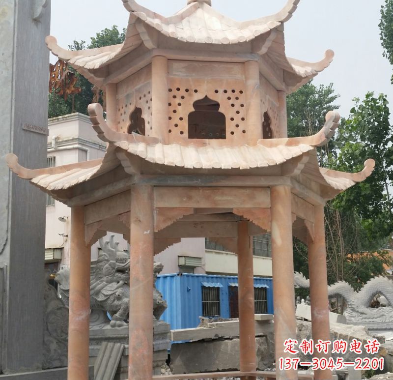 常州晚霞红双层六角凉亭石雕 (2)