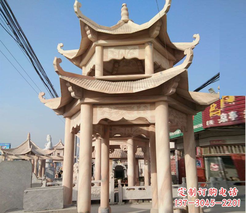常州晚霞红双层六角凉亭石雕 (3)