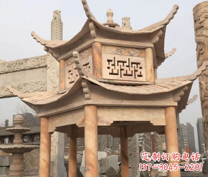 常州晚霞红双层石雕凉亭