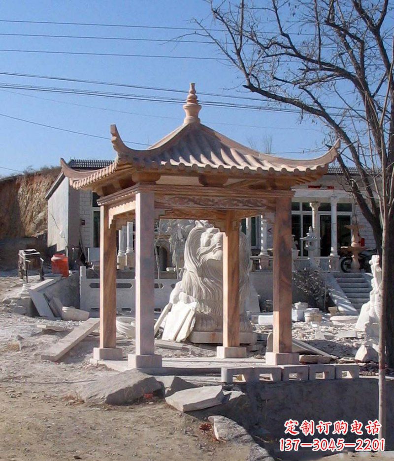常州晚霞红四角凉亭景观石雕