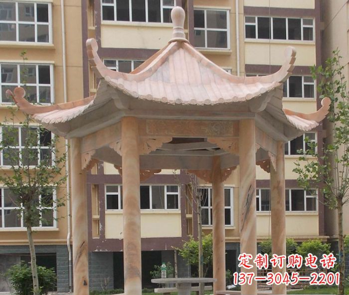 常州小区晚霞红六角凉亭石雕