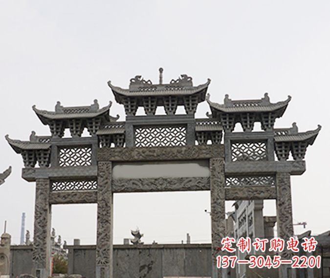 常州园林仿古三门牌坊石雕 (4)
